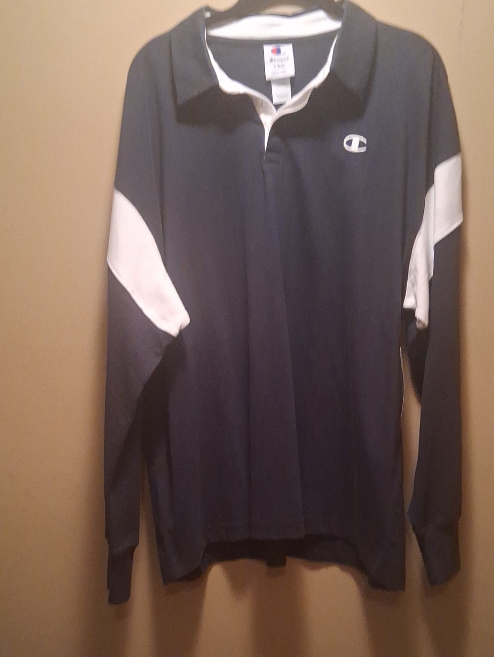 Champion Men's Long Sleeve Navy Polo with White Panels L